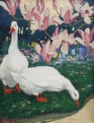 Jessie Arms Botke“鸭子和木兰花”油和金叶板上9 /4 x 7 /4英寸现货