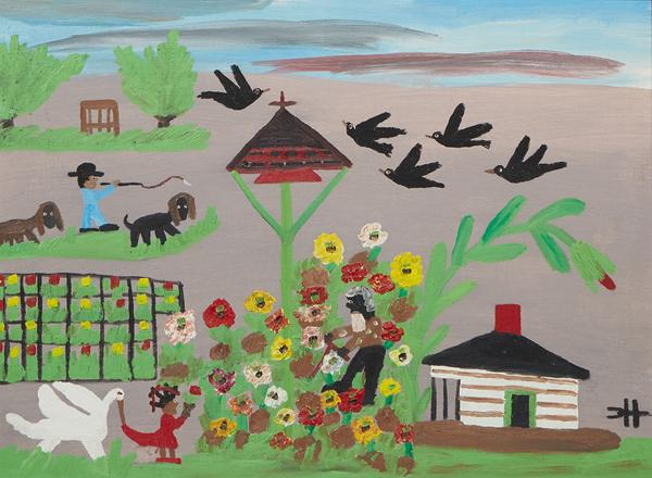 Circa 1965 oil on canvas board by the Louisiana folk artist Clementine Hunter (1886-1988), titled Uncle Tom in the Garden with Little Eva, signed lower right (estimate: $4,000-$8,000). 大约在1965年,路易斯安那州民间艺术家克莱门汀·亨特(1886-1988)在画布上画了一幅油画板,题为《汤姆叔叔和小伊娃在花园里》(名为《汤姆叔叔》),右下角(估计值:4000-8000美元)。