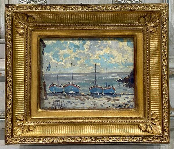 Oil on panel marine painting by Edward Potthast (1857-1927), titled Blue Boats (circa 1920s), signed lower right and nicely housed in a 14 ¼ inch by 12 ¼ inch frame. 爱德华·波塔斯特(Edward Potthast, 1857-1927)的嵌板海洋油画《蓝色的船》(Blue Boats,大约20世纪20年代)署名右下角,巧妙地放在一个14 * 12¼英寸的画框里。