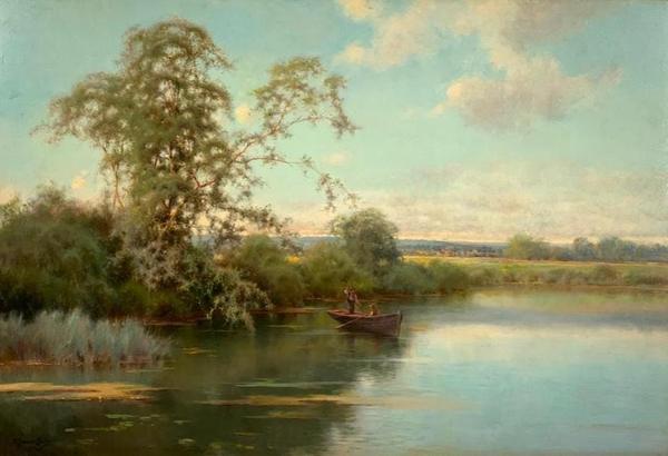 Oil on wood panel tranquil river scene with two boys in a boat by Emilio Sanchez Perrier (Spanish, 1855-1907), artist signed (estimate: $6,000-$9,000). 画家埃米利奥·桑切斯·皮埃尔(Emilio Sanchez Perrier,西班牙,1855-1907)在木板上的油画,画的是宁静的河景,两个男孩在一艘船上。