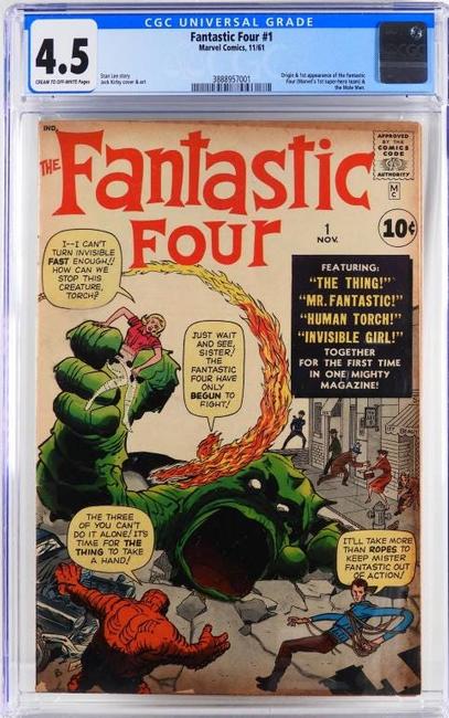Copy of Marvel Comics’ Fantastic Four #1 (November 1961), graded CGC 4.5 (estimate: $15,000-$20,000), featuring the origin and first appearance of the Fantastic Four and Mole Man. Marvel Comics的副本Fantastic Four Four#1(1961年11月),评分CGC 4.5(估计:15,000-20,000美元),具有奇妙的四和鼹鼠人的起源和首先出现。