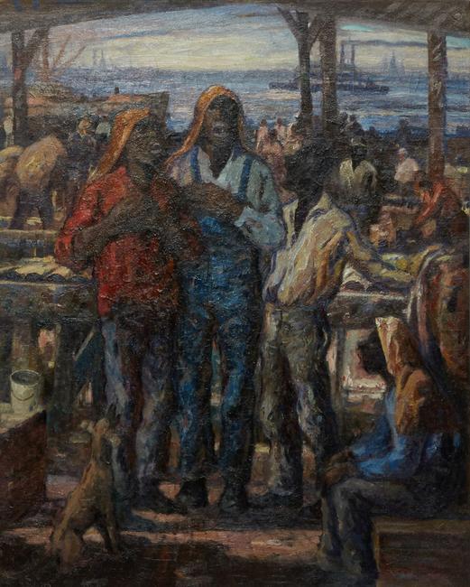 Original oil painting by iconic Louisiana artist Knute Heldner (Swedish/New Orleans, 1875-1952) titled Singing by the Mississippi River, 39 ¾ inches by 31 ½ inches (est. $25,000-$35,000). 路易斯安那州标志性艺术家克纽特·赫尔德纳(Knute Heldner,瑞典/新奥尔良,1875-1952)的原创油画《密西西比河的歌唱》,尺寸39.3 / 4英寸,尺寸31.5英寸(est. 2.5万- 3.5万美元)。