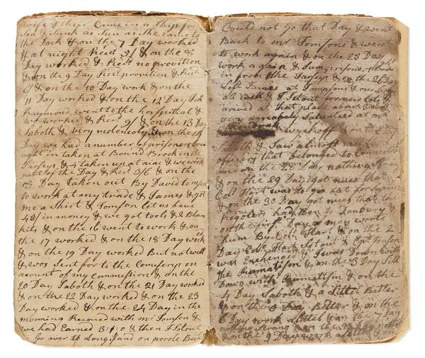 Diary of a Connecticut officer imprisoned in the infamous Manhattan sugarhouse, 1776-81. Estimate $12,000 to $18,000. 被关押在臭名昭著的曼哈顿糖厂的康涅狄格军官的日记(1776-81年)。估计$12,000到$18,000。