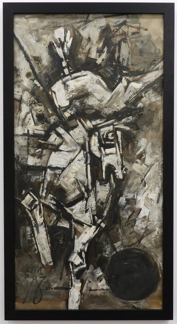 Dynamic oil on canvas Cubist painting by Maqbool Fida Husain (India, 1915-2011), a monotone composition depicting a rider on the back of a wild horse (estimate: $40,000-$60,000). 马克布尔·菲达·侯赛因(Maqbool Fida Husain)的立体派油画(印度,1915-2011),一幅单调的构图,描绘了骑在野马背上的骑手(估价:4万至6万美元)。