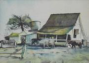 Millard Sheets (1907 - 1989)“奶牛场”水彩画,已售出