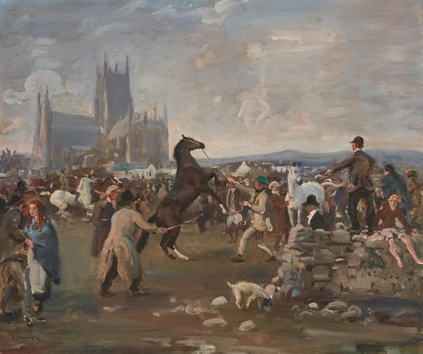 Original painting by Sir Alfred Munnings, P.R.A., R.W.S. (British, 1878-1959), titled The Kilkenny Horse Fair (1922), 20 inches by 24 inches (estimate: $200,000-$300,000). 阿尔弗雷德·芒宁斯爵士(Sir Alfred Munnings, p.r.a., R.W.S., British, 1878-1959)原画,名为《基尔肯尼马市》(The Kilkenny Horse Fair, 1922),宽20英寸,宽24英寸(估价:20万- 30万美元)。