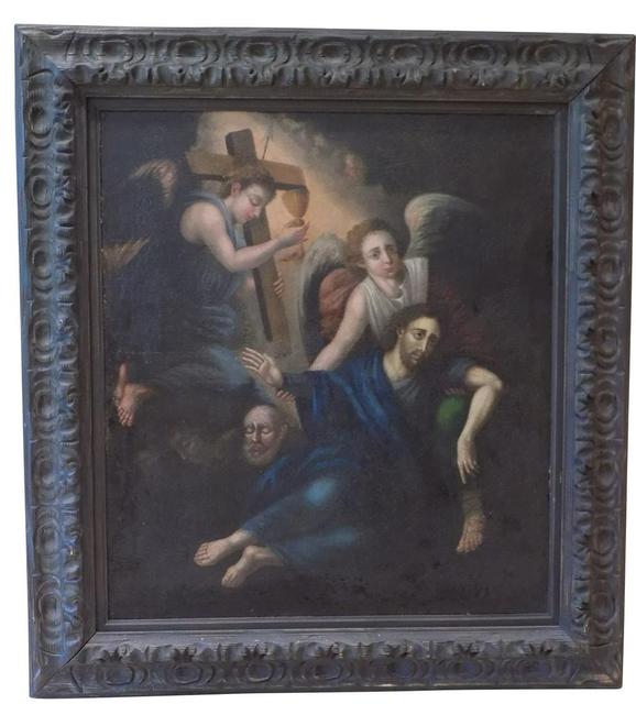 Early 18th century oil on canvas religious painting by an unknown Mexican artist, titled Jesus’s Agony at the Gethsemane, executed in the Chiaroscurism style (est. $4,000-$8,000). 18世纪初18世纪的油画宗教绘画由一个不知名的墨西哥艺术家,题为耶稣在可戈内妮的痛苦,在Chiaroscurism样式(Est。$ 4,000-8,000美元)。