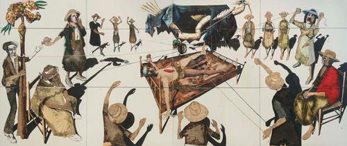 Benny Andrews (1930-2006), Circle, 1973, oil on twelve linen canvases with painted fabric and mixed media collage, 120 x 288 inches / 304.8 x 731.5 cm Benny Andrews (1930-2006), Circle, 1973, 12幅亚麻画布上的油画,用彩绘织物和混合介质拼贴,120 x 288英寸/ 304.8 x 731.5厘米