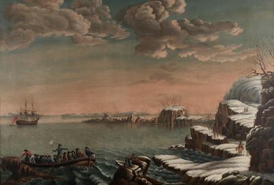 Michele FeliceCornè，朝圣者的着陆，C。1807.帆布上的油，36/16 x 52 1/8英寸（92.9 x 132.4cm）。礼貌的宾夕法尼亚州艺术学院，费城。