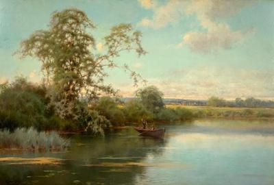 埃米利奥·桑切斯·佩里尔（西班牙语，1855-1907），艺术家签名（估计：6000-9000美元），两个男孩坐在船上，木板上的油画，宁静的河流场景。