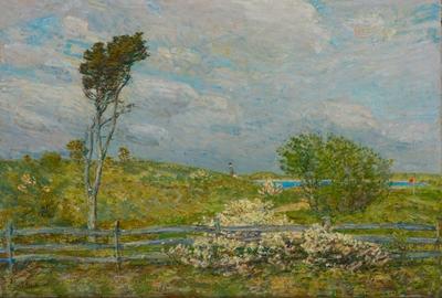 查尔德·哈萨姆(美国人，1859-1935)，Wainscott Links, 1907。布面油画，帆布:23½x 29英寸。(59.7 x 73.7厘米)，框架:33 1/8 x 39 x 3英寸。(84.1 x 99.1 x 7.6厘米)。多丽丝和Shouky Shaheen的礼物。
