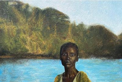 艺术家:曼齐莱昂。《在绿海中间》。丙烯酸在画布上。36 x 48英寸。202