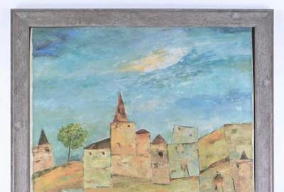 由Ram Kumar（印度，1924-2018）的抽象建筑油画，描绘了棕色建筑，从河流的另一侧，签署（估计：25,000美元 -  35,000美元）。