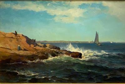 莫里茨·弗雷德里克·德·哈斯(Mauritz Frederik De Haas，荷兰/美国，1832-1895)的海上布面油画，描绘了崎岖的海岸，岩石上的人物和海上的帆，签名(8610美元)。