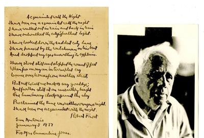 罗伯特·弗罗斯特(Robert Frost)为埃玛琳·琼斯夫人(Mrs. Emmaline Jones)创作的、署名日期为1937年1月5日、署名为罗伯特·弗罗斯特(Robert Frost)的《熟悉黑夜》(熟悉黑夜)的手写本(est. 7000 - 8000美元)。