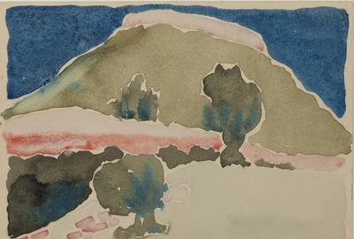 乔治亚·奥基夫(Georgia O ' keeffe，新墨西哥/纽约，1887-1986)，“无题(德克萨斯州景观)”，1917年，水彩画，8¾英寸x 12英寸，被列为艺术家目录提花中的第196项，提花说明该作品与奥基夫的粉色和绿色山脉系列有关。来源:乔治亚州萨凡纳的贝蒂·梅尔弗庄园。估计100000 - 150000美元