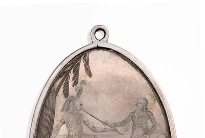 乔治华盛顿印度和平奖章（小尺寸），1792，费城，宾夕法尼亚州，银和银焊接，博物馆购买，余柏皇门基金，2021-6。 