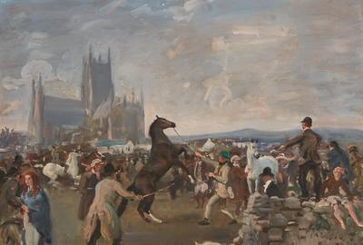 原绘由阿尔弗雷德Munnings，P.R.A.，R.W.S.。（英国，1878-1959），标题为Kilkenny Horse Fair（1922年），20英寸乘24英寸（估计：20万美元 -  $ 300,000）。