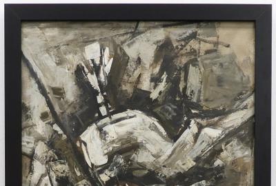 马克布尔·菲达·侯赛因(Maqbool Fida Husain)的立体派油画(印度，1915-2011)，一幅单调的构图，描绘了骑在野马背上的骑手(估价:4万至6万美元)。