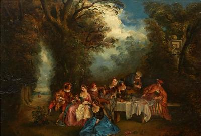 这幅18世纪未署名的油画以安托万·沃托(Antoine Watteau，法国，1684-1721)的方式绘制，名为Fete Galante Picnic，高17.5英寸，宽21.4英寸(估价:3000 - 5000美元)。