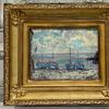 由Edward Potthast（1857-1927）的面板海洋绘画（1857-1927），标题为蓝船（大约2020年代），签署右下方，搭载14¼英寸框架。