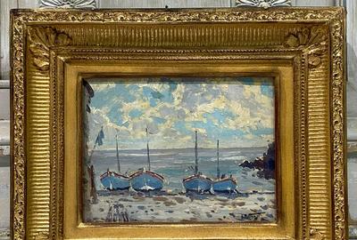 爱德华·波塔斯特(Edward Potthast, 1857-1927)的嵌板海洋油画《蓝色的船》(Blue Boats，大约20世纪20年代)署名右下角，巧妙地放在一个14 * 12¼英寸的画框里。