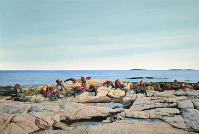 Cobi Moules, Untitled (Rocky Coast of Maine I)， 2019。布面油画，34 x 60英寸。由艺术家和卡斯珀当代艺术家提供。