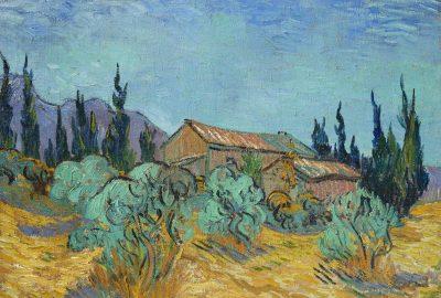 文森特·梵高(1853-1890)，Cabanes de bois parmi les oliviers et cyprès, 1889年10月。布面油画。17⅞x 23¾英寸(45.5 x 60.3厘米)。2021年11月11日，考克斯藏品:印象派的故事以7135万美元的价格在纽约佳士得拍卖