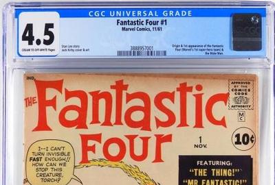 漫威漫画《神奇四侠1号》(1961年11月)，评分为CGC 4.5(估计:15000 - 20000美元)，讲述神奇四侠和鼹鼠人的起源和首次亮相。