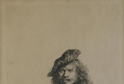 此次拍卖将包括两幅伦勃朗的蚀刻画，它们都在画板上签名，将作为单个拍品出售。这是一幅自画像，名为《倚在石槛上的自画像》(1639)。