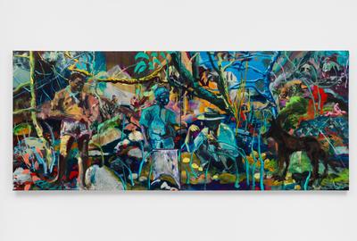 Maia Cruz Palileo，“风，水，石头”2020.油在帆布上，50 x 120英寸。博物馆购买与Tad J. Freese和Brook Hartzell，Lipman Family Foundation和Yvonne和Mike Nevens提供的资金，以纪念Cheryl和Bruce Kiddoo。2021.01。