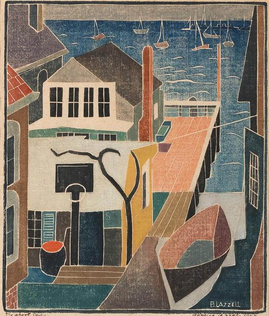 布兰奇·拉泽尔(Blanche Lazzell, 1878-1956)的白线木版版画“我的码头工作室”，普罗温斯敦的艺术收藏的一部分。