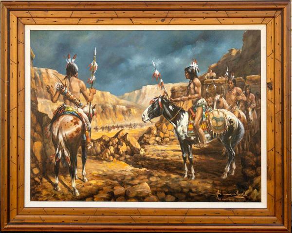 匈牙利裔美国艺术家阿美利科·马克(Americo Makk, 1927-2015)为骑在马背上的印第安人作画，名为《太多的枪》(Too Many Guns, 1982)，装裱(估价:5,000- 10,000美元)。