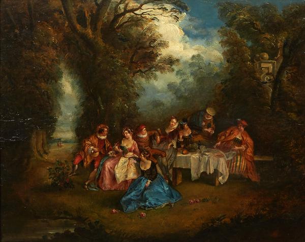 这幅18世纪未署名的油画以安托万·沃托(Antoine Watteau，法国，1684-1721)的方式绘制，名为Fete Galante Picnic，高17.5英寸，宽21.4英寸(估价:3000 - 5000美元)。