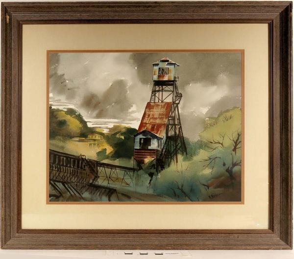 拉尔夫·贝克（1908-1976）在40½英寸乘34½英寸的画框内（约2000-4000美元）对加利福尼亚州杰克逊市肯尼迪金矿（位于加利福尼亚母矿脉）进行的水彩画。