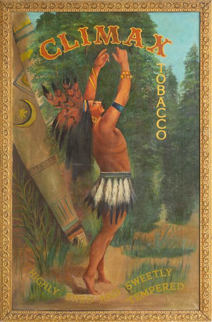 画布上的油画为Climax烟草制作的原始广告艺术作品（“高度繁育和甜美调和”），由一位身份不明的艺术家创作，50¼英寸乘31¾英寸（视觉，无框架）（9775美元）。