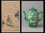 左图:仙人仙鹤，清代丝绸刺绣。右图:有盖水壶，清代珐琅瓷