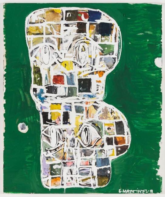埃迪·马丁内斯(Eddie Martinez)(生于1977年，康涅狄格州，纽约州)的大型无题双叠“傻瓜”(Blockhead)油画，72英寸宽，60英寸宽，使用油漆、喷漆和搪瓷完成(est. 150,000- 250,000美元)。