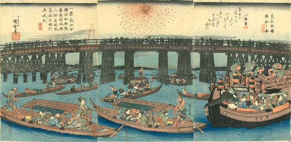 UTAGAWA HIROSHIGE Toto ryogoku yusen no zu(观赏东方首都ryogoku的游船)，三联画，彩色木刻，日本，约1830年