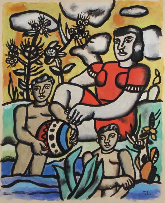 这幅费尔南德·莱热(Fernand Leger)创作于1954年左右的水粉画，预计会在艺术品中脱颖而出，它是《野餐》(Le Picnic)的研究品(250美元至35万美元)。这位艺术家多次回到这幅作品中。