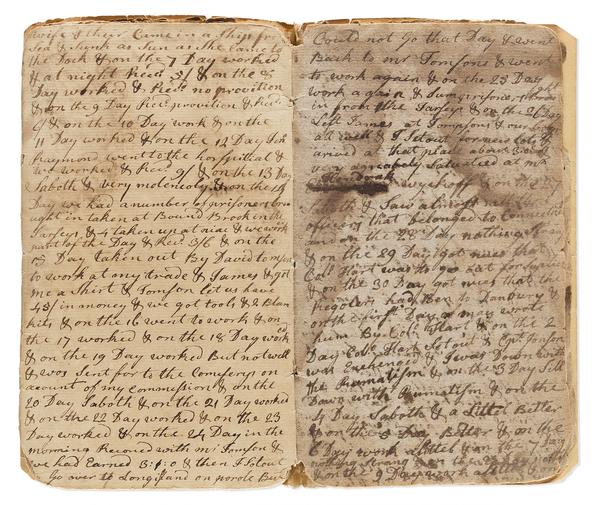 被关押在臭名昭著的曼哈顿糖厂的康涅狄格军官的日记(1776-81年)。估计$12,000到$18,000。