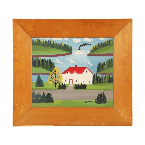 大约在1960年，Maud Lewis（加拿大人，1903-1970）在绿板上绘制了一幅当地海湾的画作，其中有红顶林奇别墅和渡轮公主海琳进入港口（估计约8000-12000美元）。