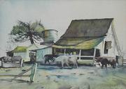 Millard Sheets (1907 - 1989)“奶牛场”水彩画，已售出