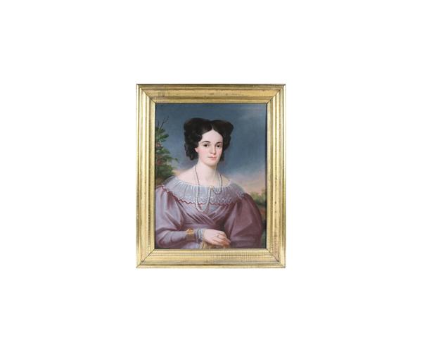 米尔顿·霍普金斯(Milton Hopkins)的阿曼达·霍利斯特(Amanda Hollister)布面油画肖像(美国，1889 -1844年)，背面签名日期为1827年，装裱尺寸:37¼英寸× 31¼英寸。估计:1500 - 3000美元。