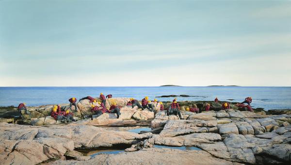 Cobi Moules, Untitled (Rocky Coast of Maine I)， 2019。布面油画，34 x 60英寸。由艺术家和卡斯珀当代艺术家提供。