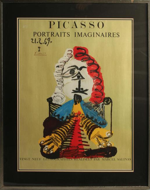 由马塞尔·萨利纳斯(Marcel Salinas，法国，1913-2010)签名的灰赭石彩色平版版画，以巴勃罗·毕加索(Pablo Picasso)系列肖像画《想象者》(portrait Imaginaires)中的29幅作品之一命名(估价1000 - 1500美元)。