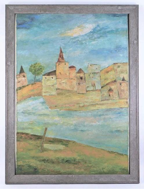 拉姆·库马尔(Ram Kumar，印度，1924-2018)的抽象建筑油画，描绘了河对面充满活力的蓝天下的棕色建筑，签名(估价:2.5万至3.5万美元)。
