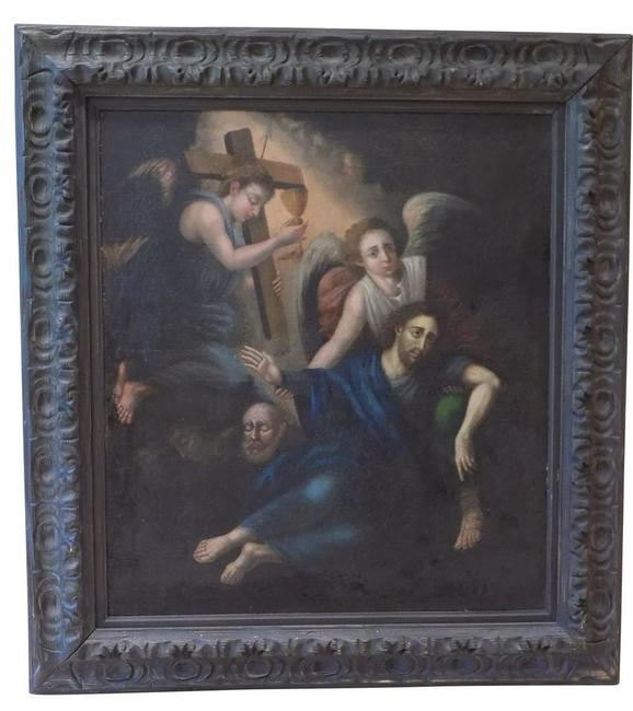 18世纪初18世纪的油画宗教绘画由一个不知名的墨西哥艺术家，题为耶稣在可戈内妮的痛苦，在Chiaroscurism样式（Est。$ 4,000-8,000美元）。