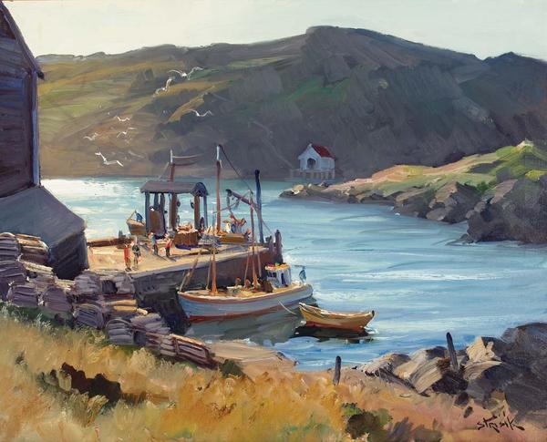保罗·斯特里克(1918-1998)，蒙海根码头，1959年，布面油画，24 x 30英寸。， Monhegan艺术与历史博物馆，Nancy Strisik的礼物，2002。