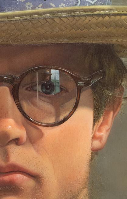 “戴帽子自画像”(细节)，1979-80，油画面板，21 1/8 x 16 3/4英寸